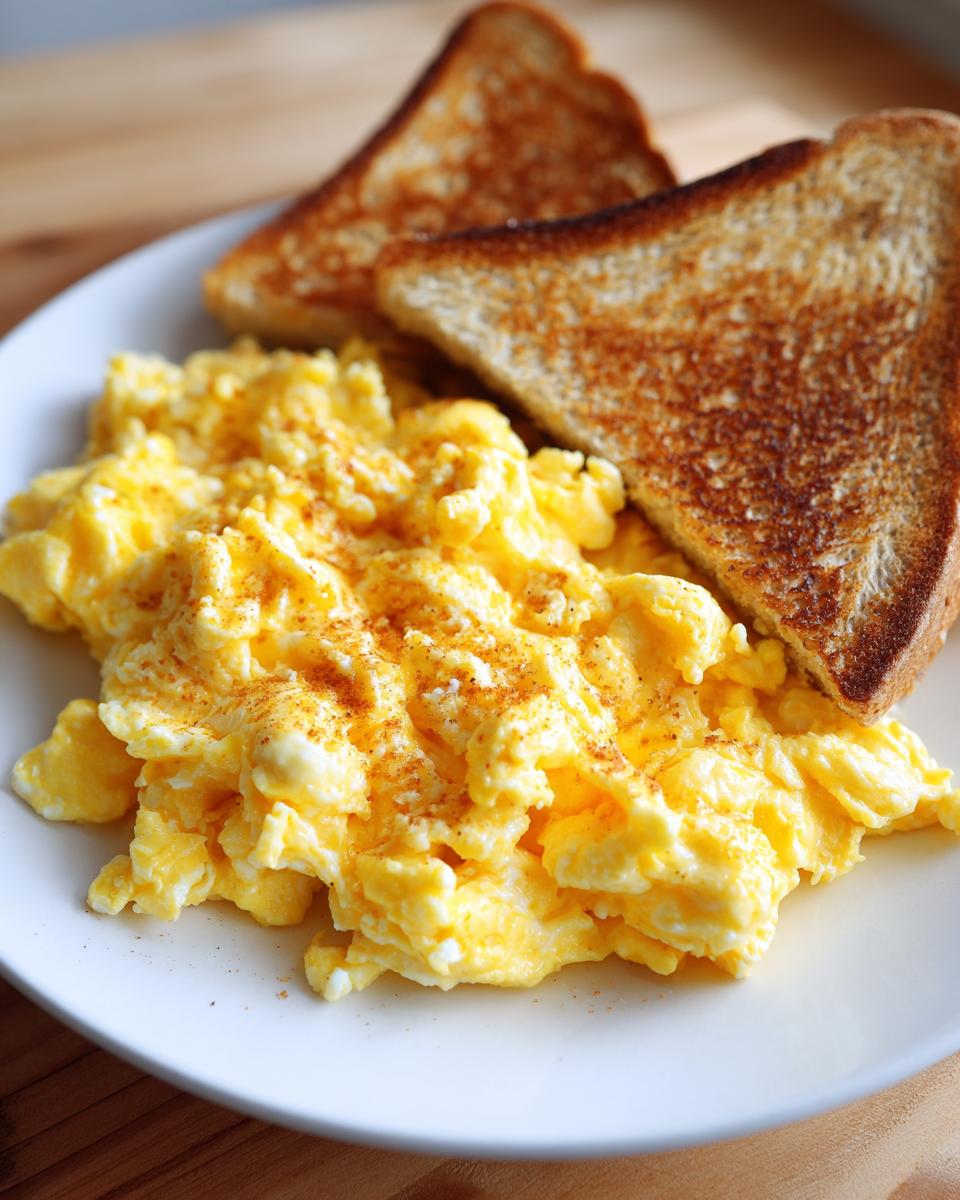 Fluffy scrambled eggs sprinkled with paprika served with two slices of golden brown toast, perfect for quick breakfast ideas.