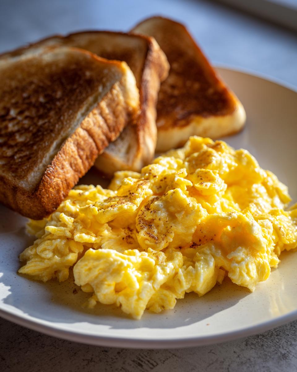 A plate of fluffy scrambled eggs seasoned with pepper, served with golden-brown toast, perfect for quick breakfast ideas.
