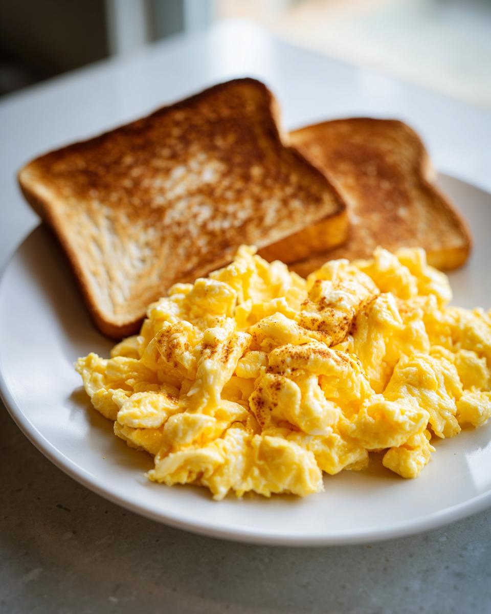 Close-up of fluffy scrambled eggs sprinkled with paprika next to two slices of golden brown toast, perfect for breakfast ideas.