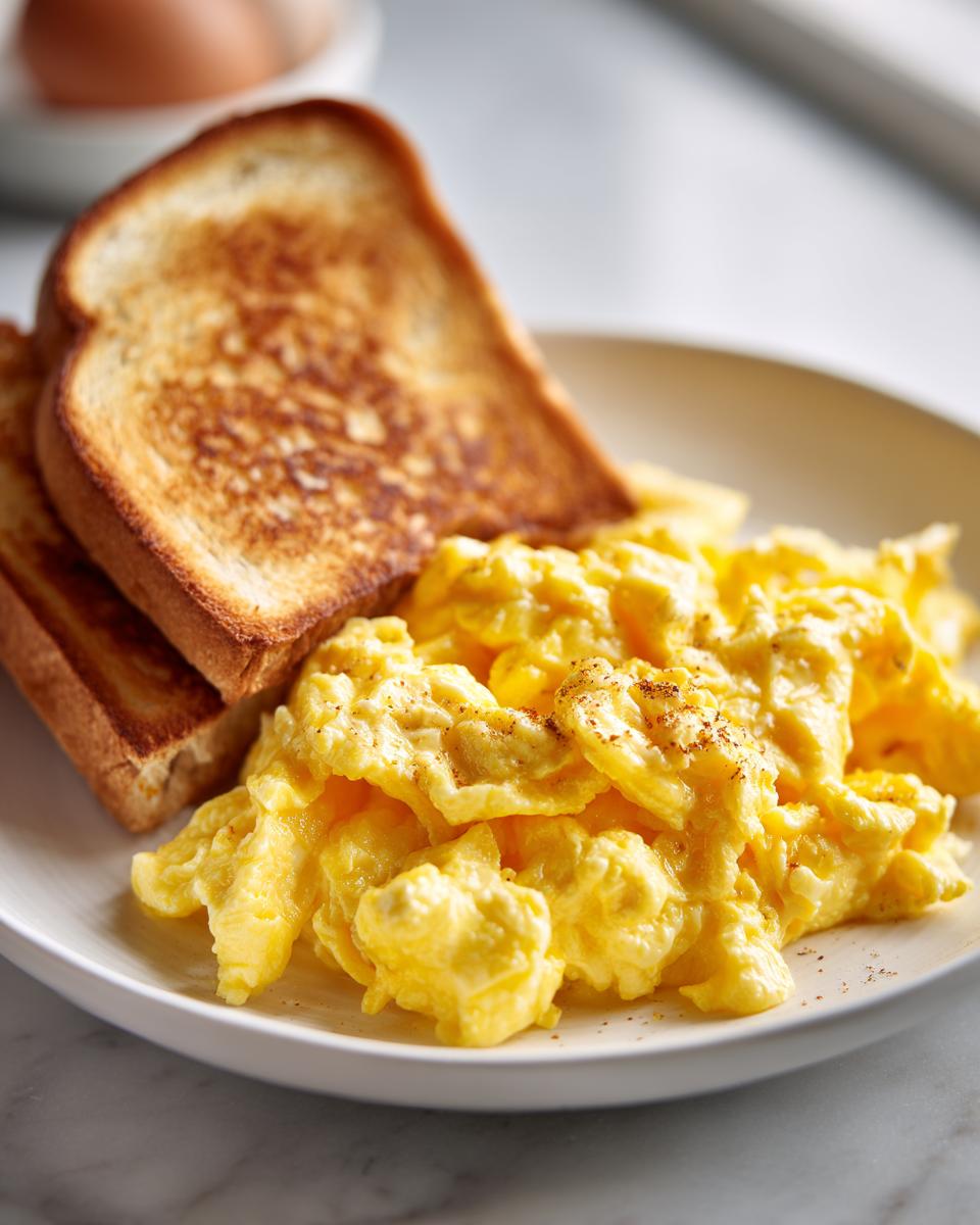 Fluffy scrambled eggs served with golden-brown toast, a perfect example of easy breakfast ideas.