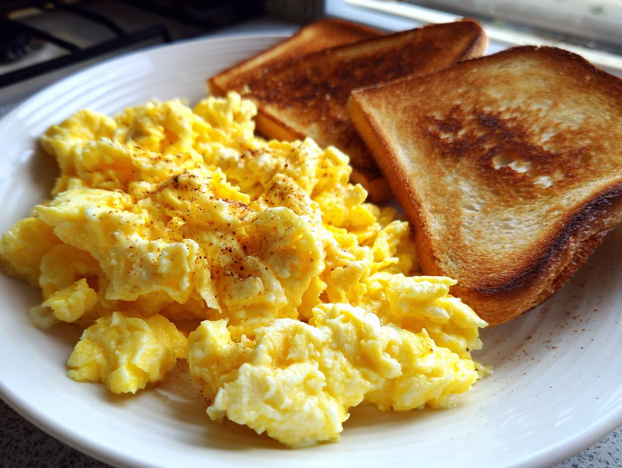 A plate of fluffy scrambled eggs seasoned with pepper, served with two slices of golden-brown toast, perfect for quick breakfast ideas.
