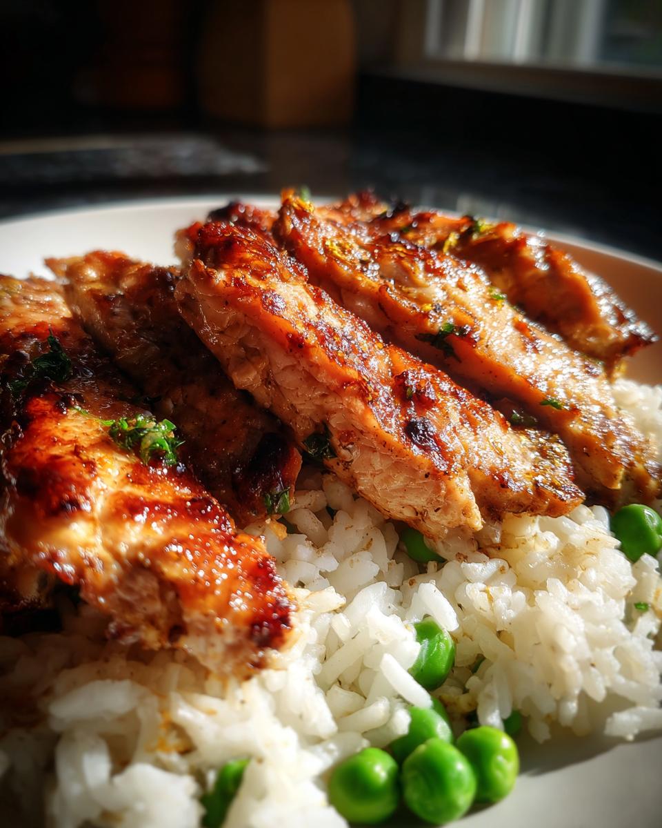 Close-up of sliced, glazed pork served over white rice and peas, perfect for new year's recipes.
