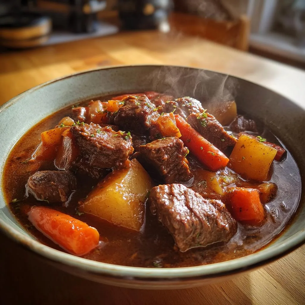 A steaming bowl of slow cooker beef stew with tender chunks of beef, carrots, and potatoes, garnished with herbs.