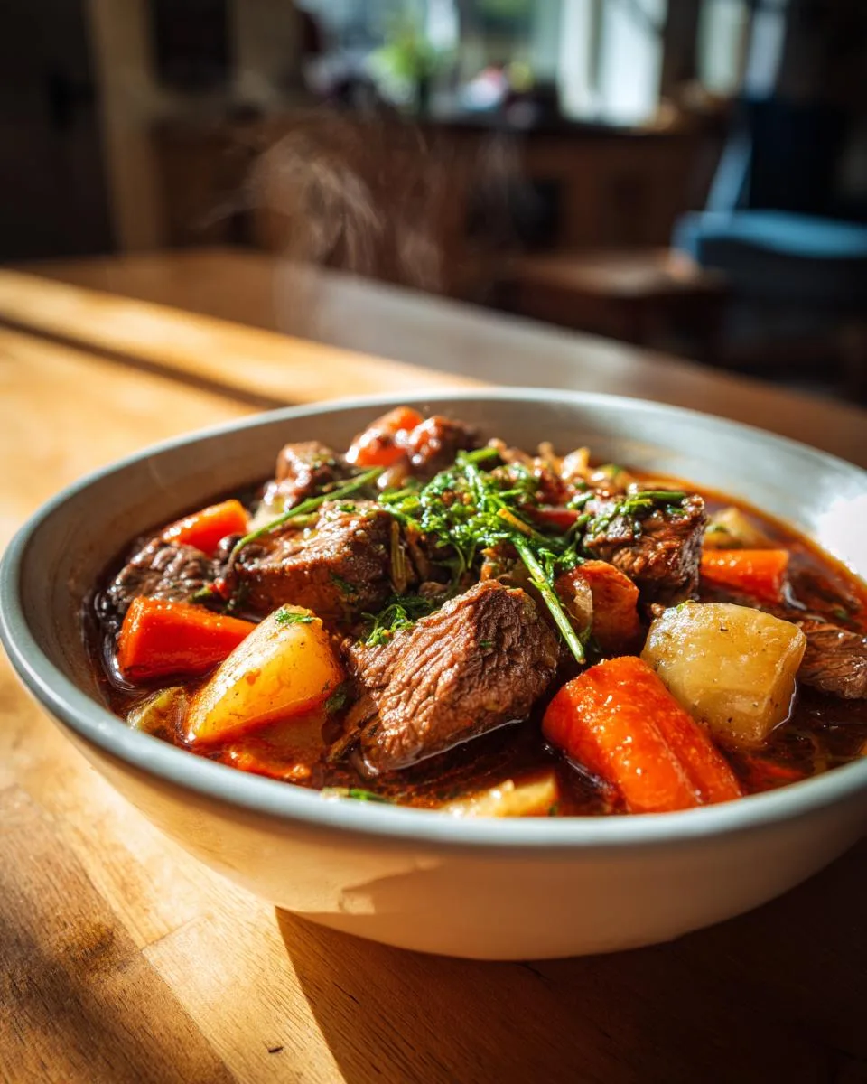 A close-up of a steaming bowl of slow cooker beef stew, featuring tender beef chunks, carrots, and potatoes.