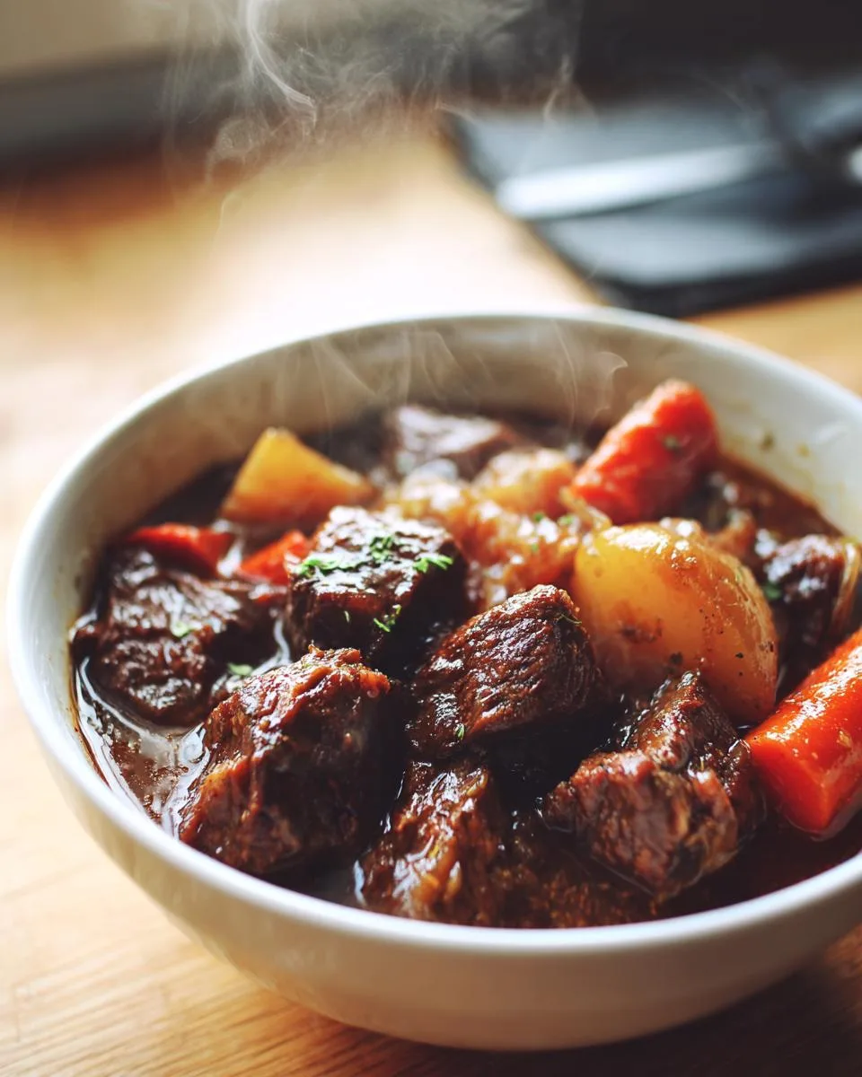 A close-up of a white bowl filled with steaming Slow Cooker Beef Stew, featuring tender beef chunks, carrots, and potatoes.