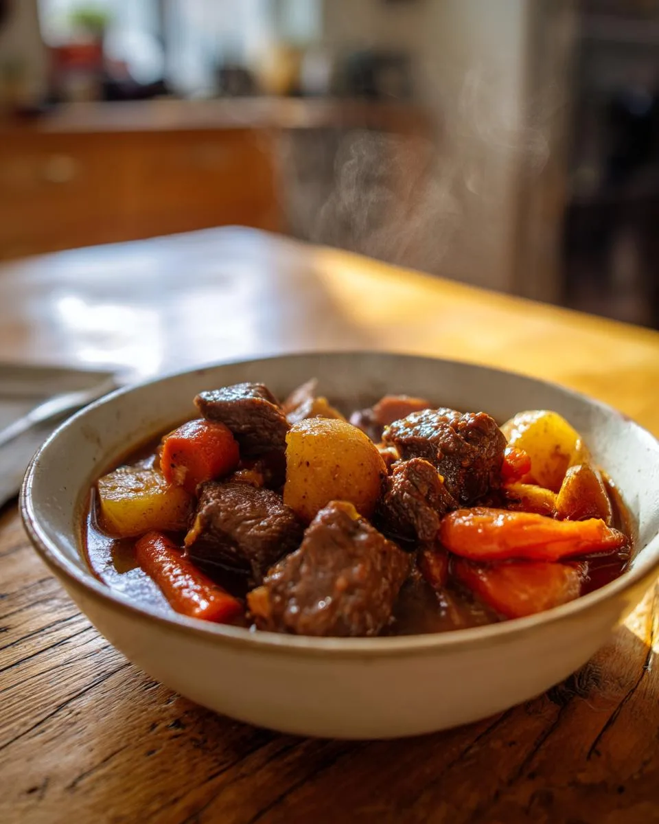 A close-up of a steaming bowl of slow cooker beef stew with tender beef chunks, carrots, and potatoes.
