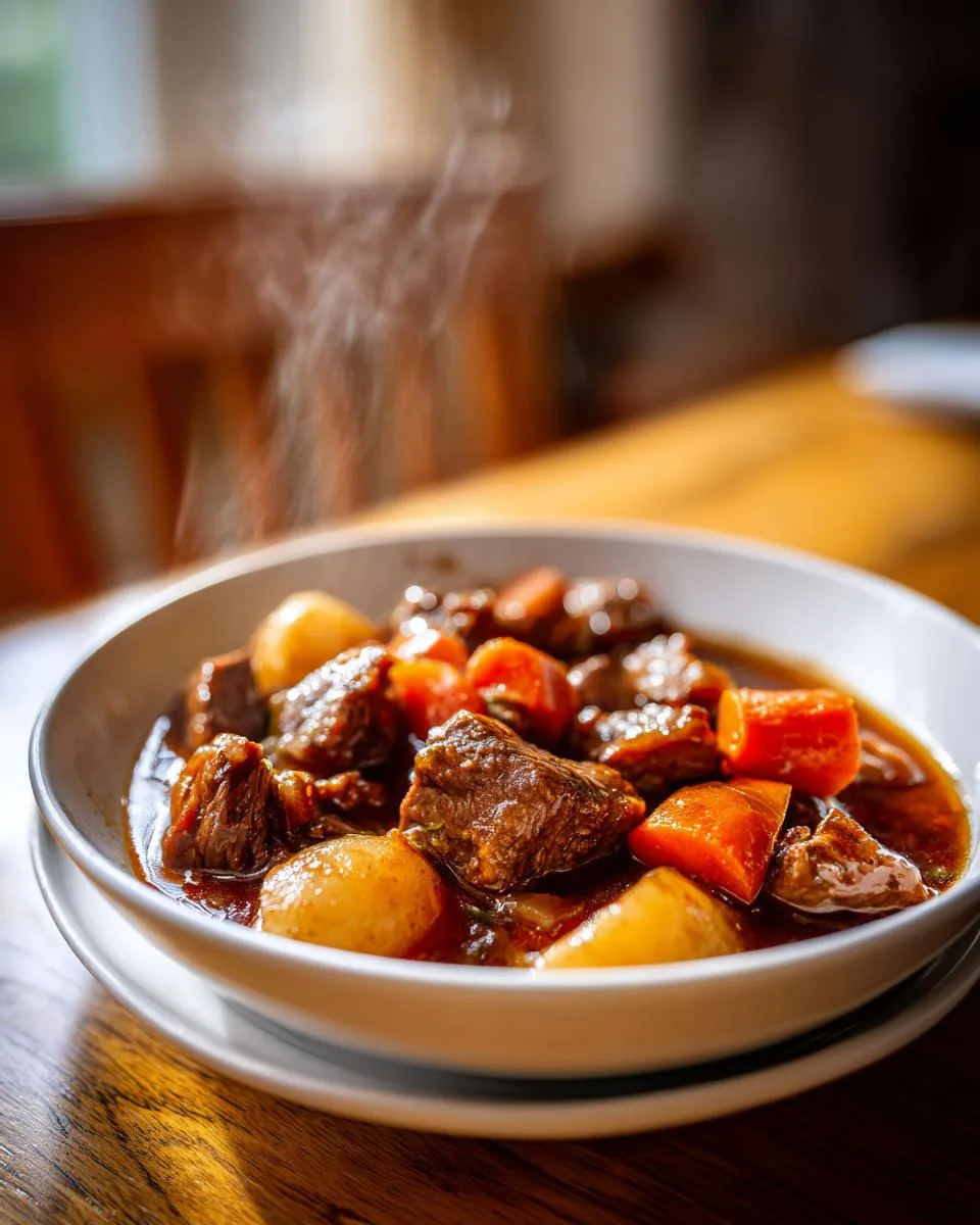 A close-up of a steaming bowl of slow cooker beef stew with tender beef chunks, potatoes, and carrots.