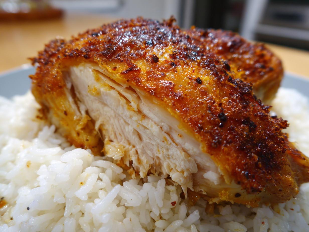 Close-up of a perfectly cooked, spiced chicken breast served over fluffy white rice, ideal for NYE dinner ideas.