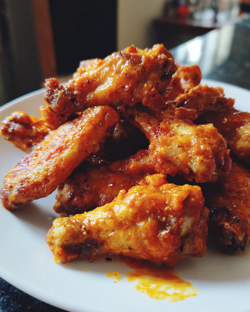 Close-up of a pile of glossy, spicy chicken wings, glistening with sauce, ready to be devoured.