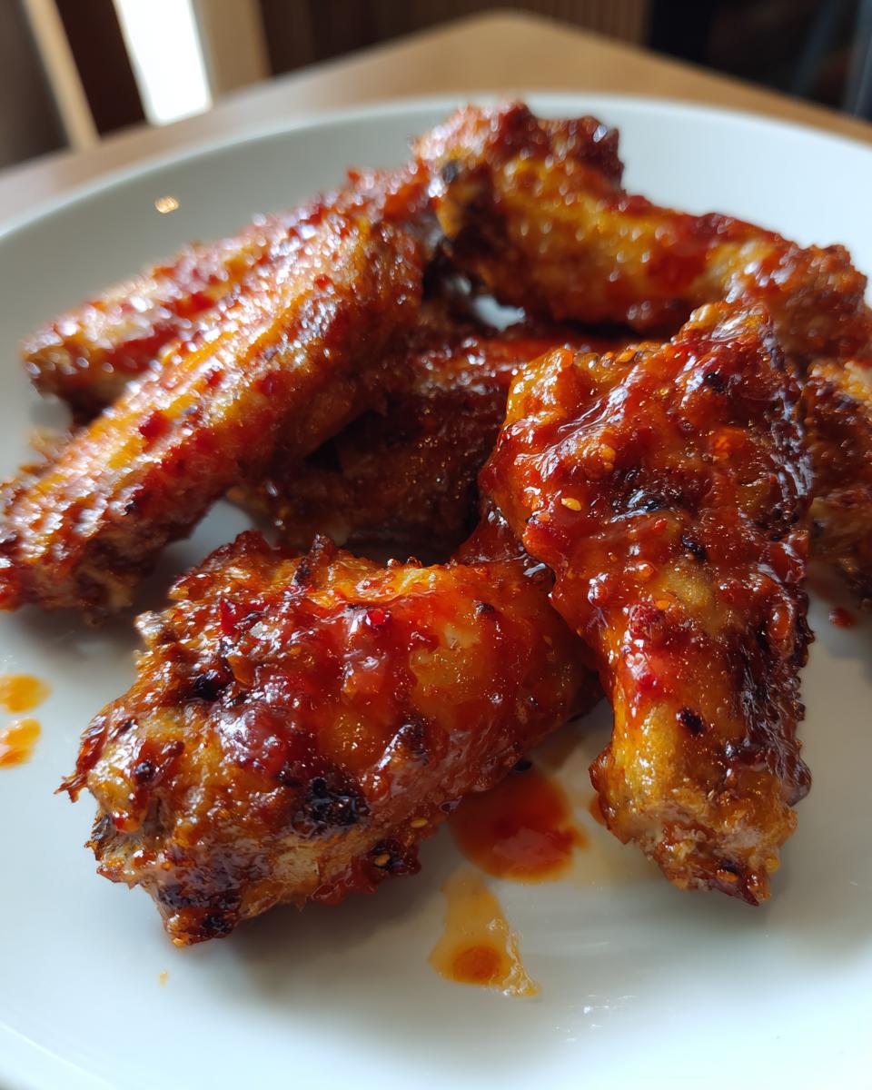 Close-up of delicious, spicy glazed chicken wings piled on a white plate. A perfect addition to any chicken wings recipes.