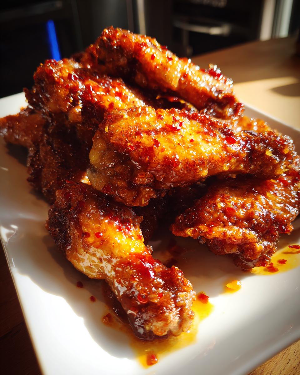 A pile of glistening, spicy glazed chicken wings on a white plate, a popular choice for chicken wings recipes.