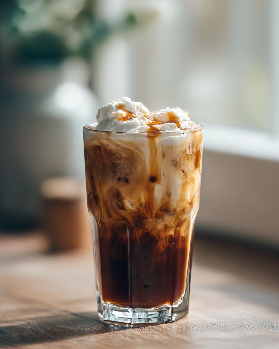 A tall glass of iced coffee with swirls of cream and caramel, topped with whipped cream, a delicious Starbucks drink.