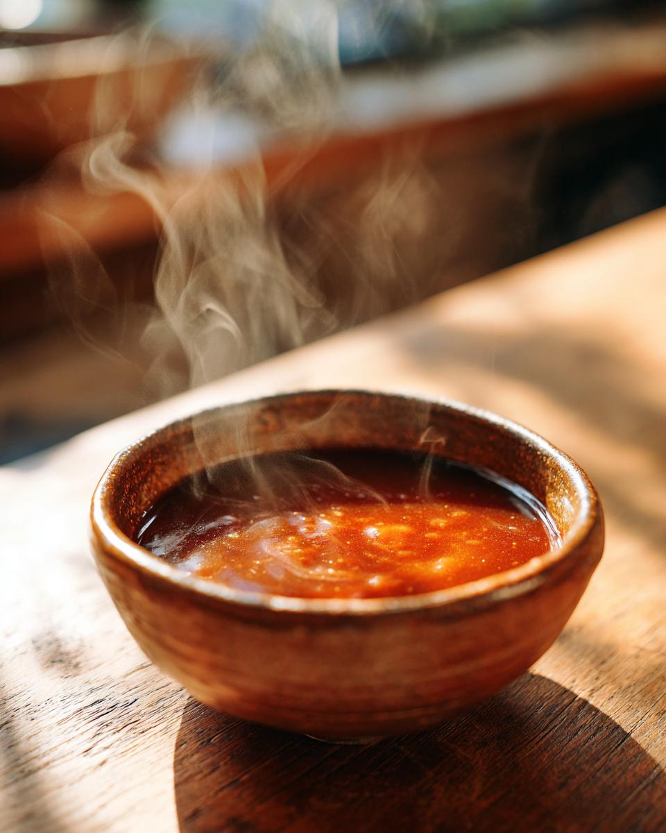 A rustic wooden bowl filled with steaming au jus, showcasing its rich color and texture.