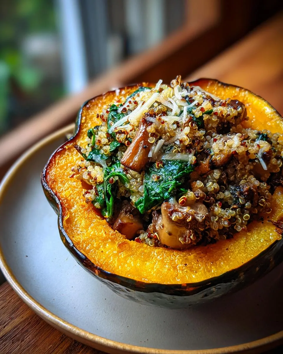 A close-up of a baked stuffed acorn squash filled with quinoa, spinach, mushrooms, and topped with cheese.
