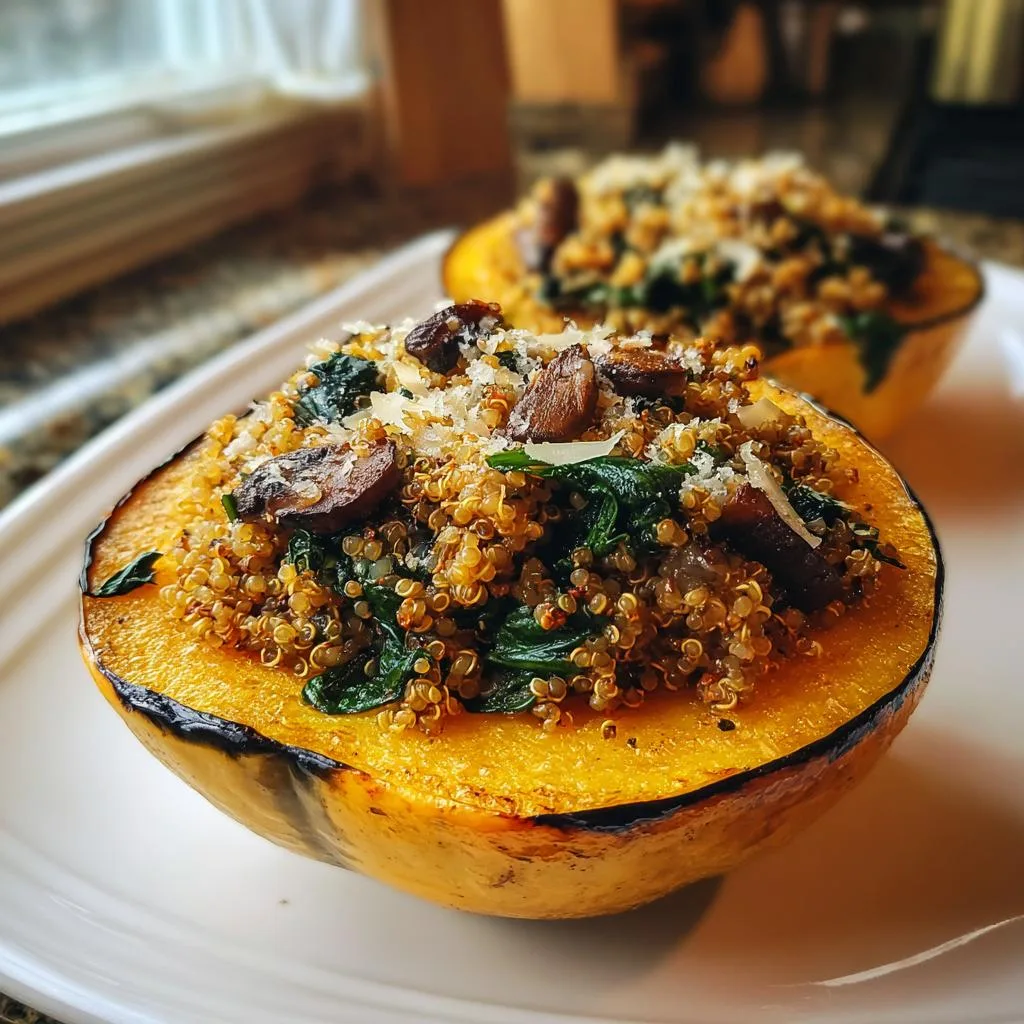 Close-up of a perfectly baked stuffed acorn squash, filled with quinoa, spinach, mushrooms, and topped with parmesan.