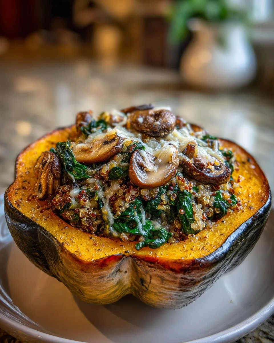 A close-up of a baked stuffed acorn squash filled with quinoa, spinach, mushrooms, and melted cheese.