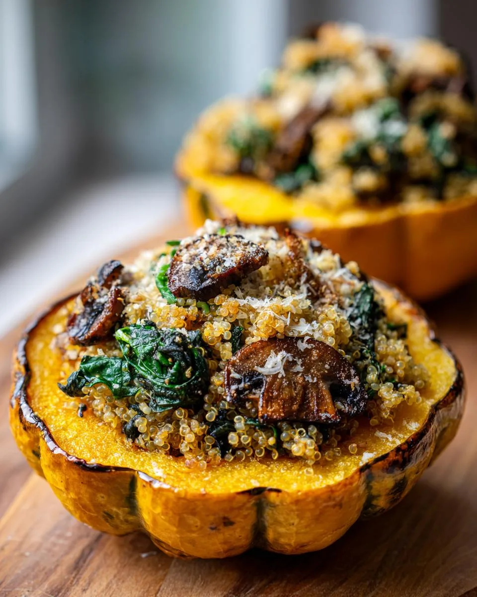 Close-up of a halved acorn squash stuffed with quinoa, spinach, mushrooms, and topped with cheese.