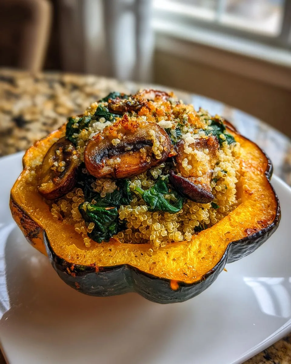 A close-up of a baked stuffed acorn squash filled with quinoa, spinach, and mushrooms, topped with breadcrumbs.