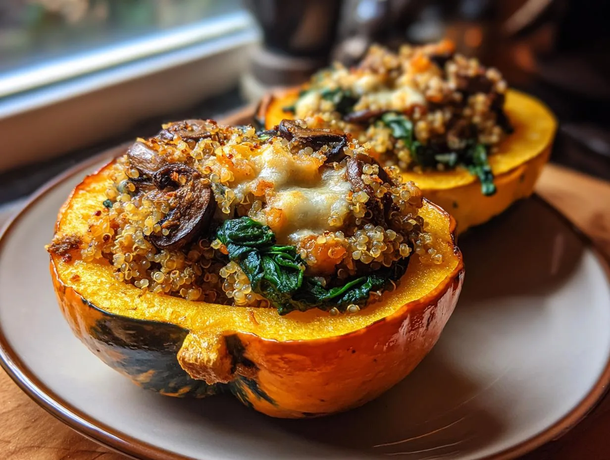 Close-up of a halved stuffed acorn squash filled with quinoa, spinach, mushrooms, and melted cheese.