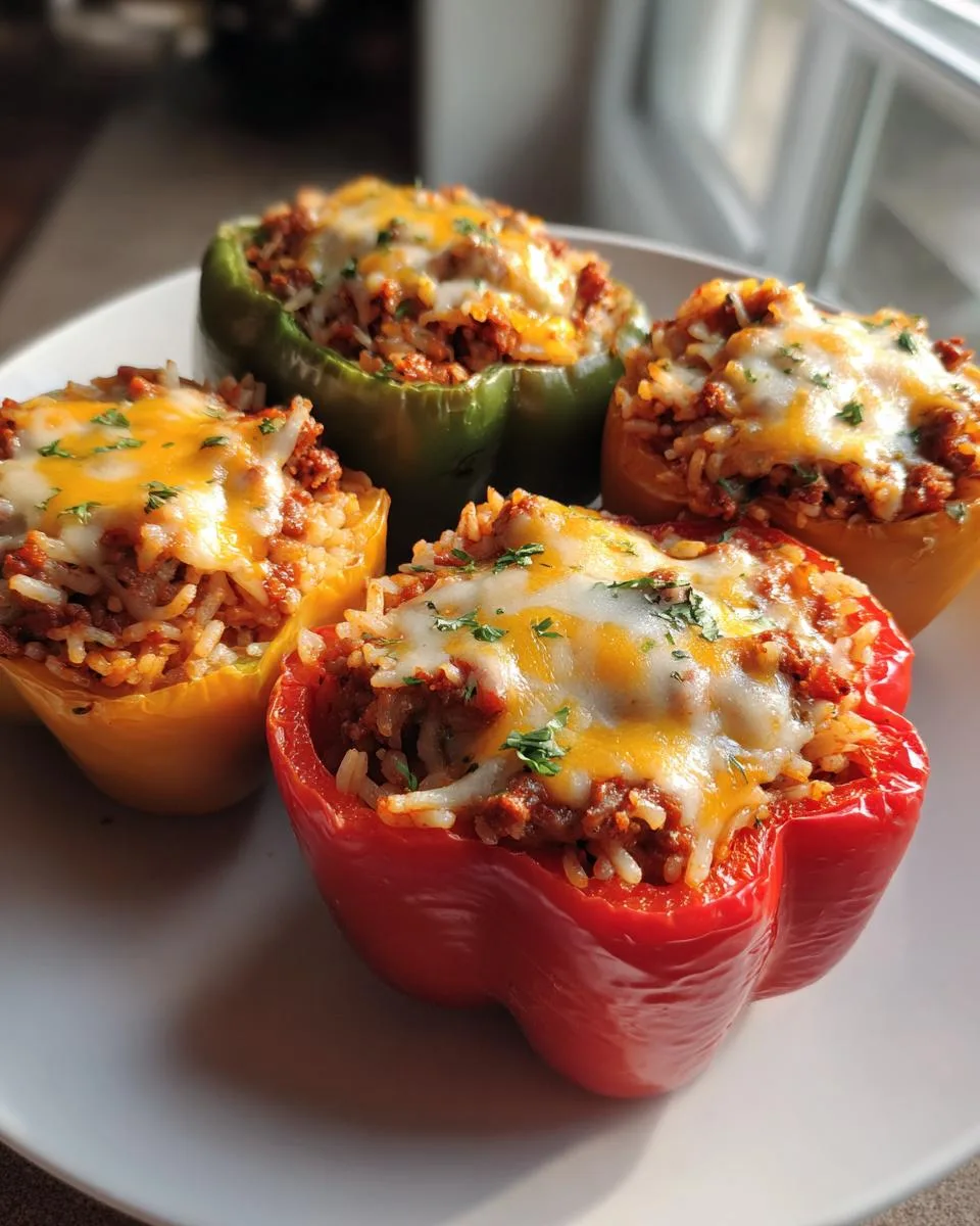Four colorful stuffed bell peppers (red, yellow, green) filled with a savory mixture of ground meat and rice, topped with melted cheese and parsley.