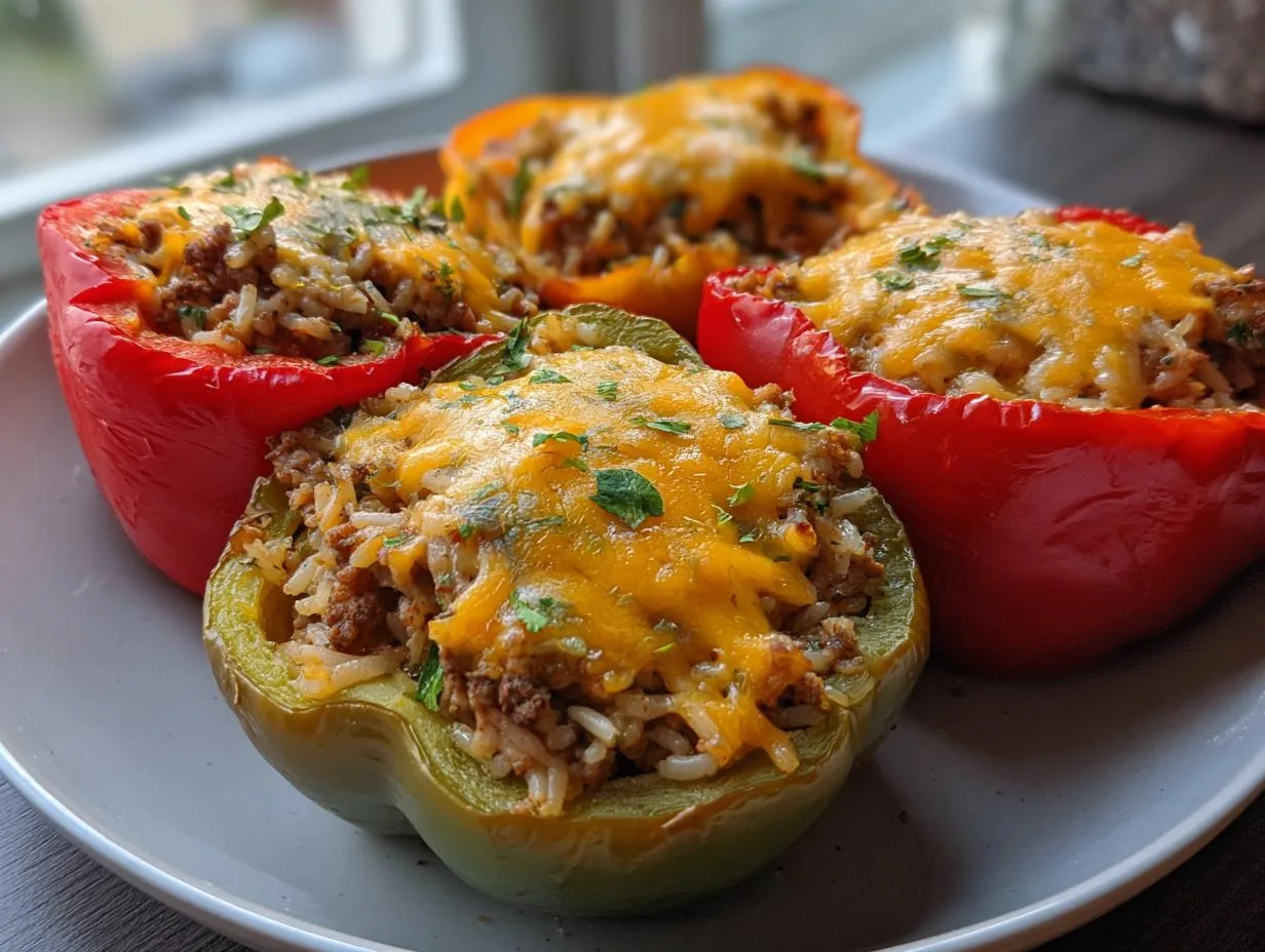 Close-up of four colorful stuffed bell peppers, topped with melted cheese and parsley.