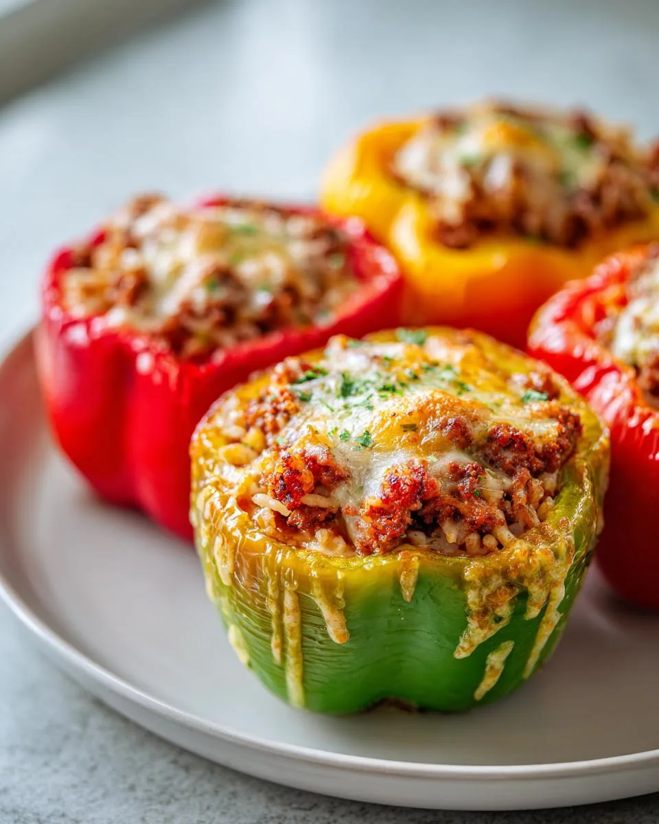 Close-up of a green stuffed bell pepper filled with meat and rice, topped with melted cheese and parsley.