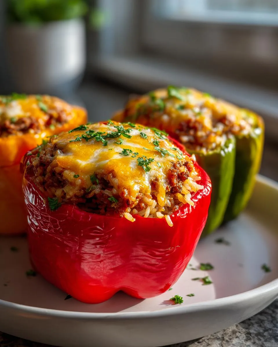 Close-up of three colorful stuffed bell peppers, filled with seasoned ground meat and rice, topped with melted cheese and parsley.