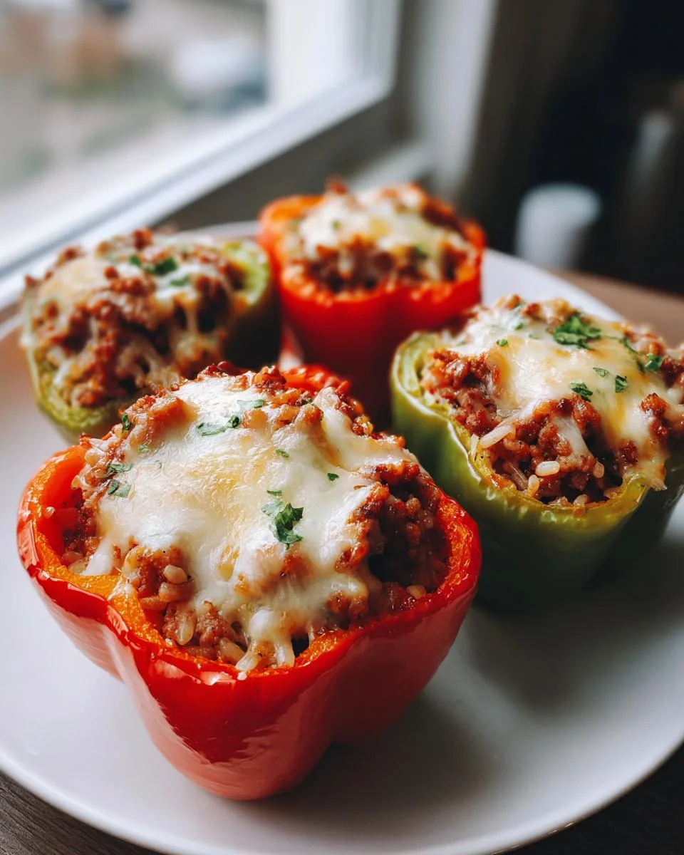 Four colorful stuffed bell peppers filled with seasoned ground meat and rice, topped with melted cheese and parsley.