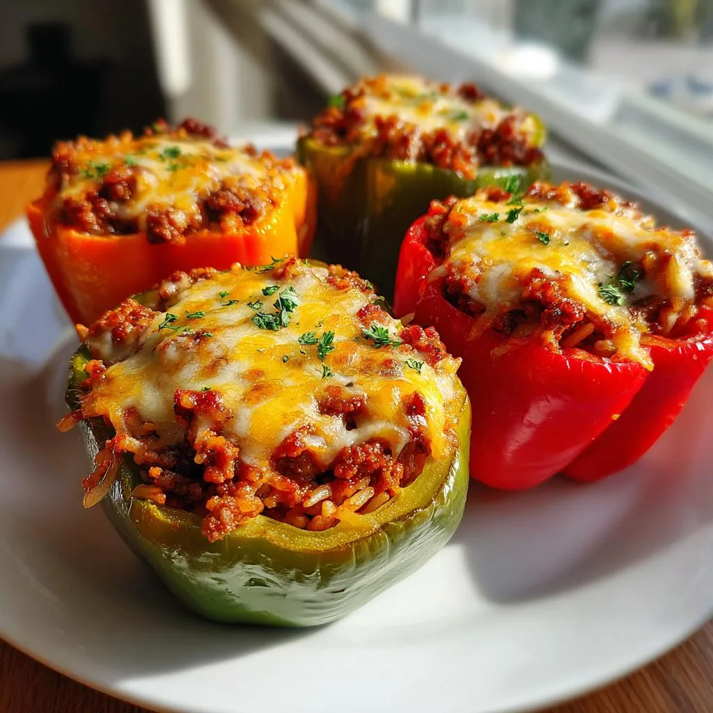 Four colorful stuffed bell peppers, topped with melted cheese and parsley, ready to be served.