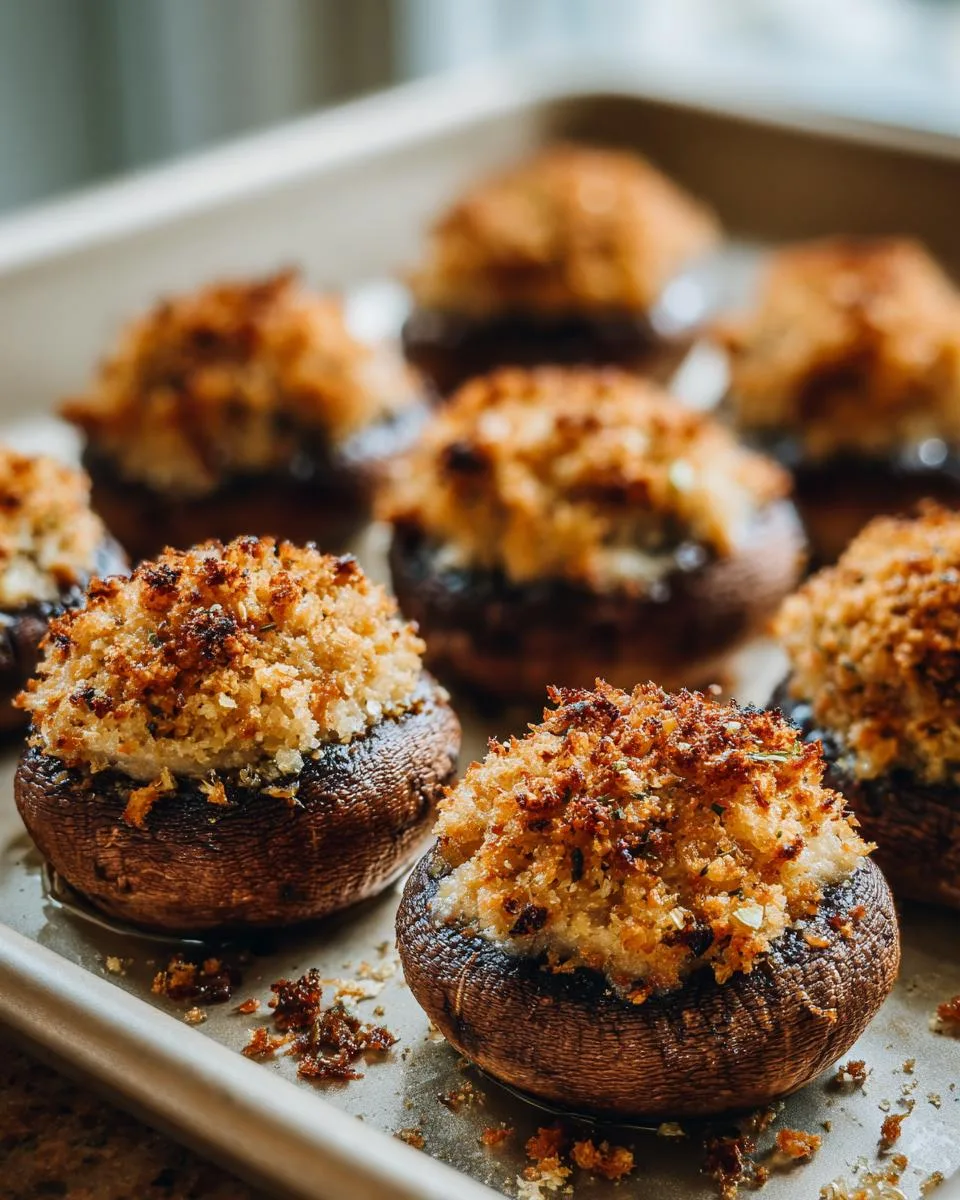 Close-up of golden brown baked stuffed mushrooms recipe, topped with breadcrumbs and herbs, on a baking sheet.