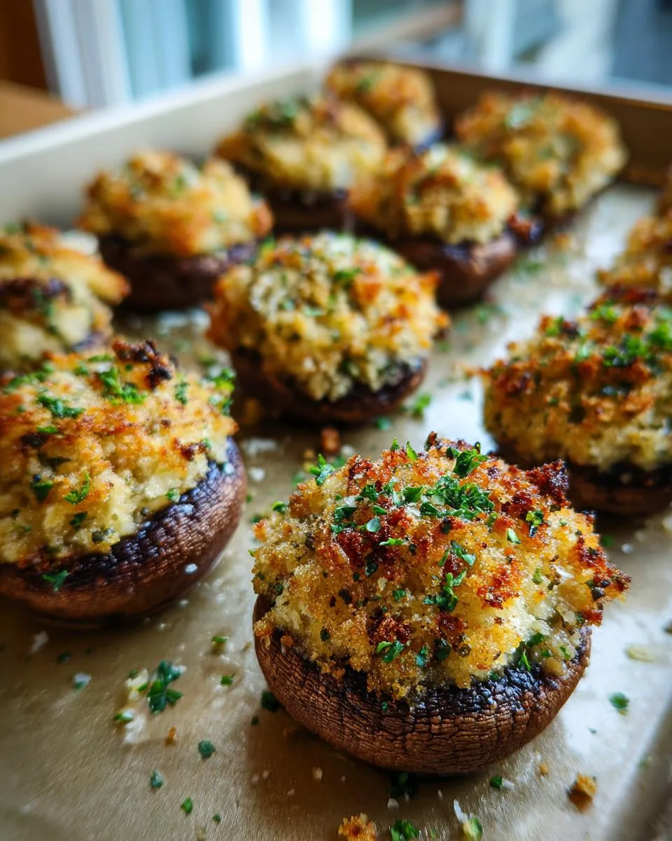 Close-up of golden brown baked stuffed mushrooms recipe, topped with breadcrumbs and parsley.