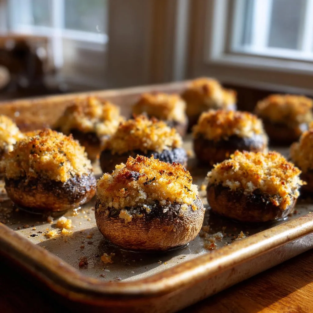 Close-up of golden brown stuffed mushrooms recipe, baked on a tray with a crispy breadcrumb topping.
