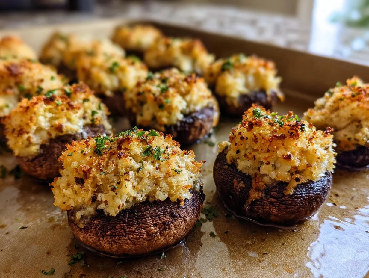 A close-up of golden brown stuffed mushrooms recipe, topped with breadcrumbs and parsley, arranged on a baking sheet.