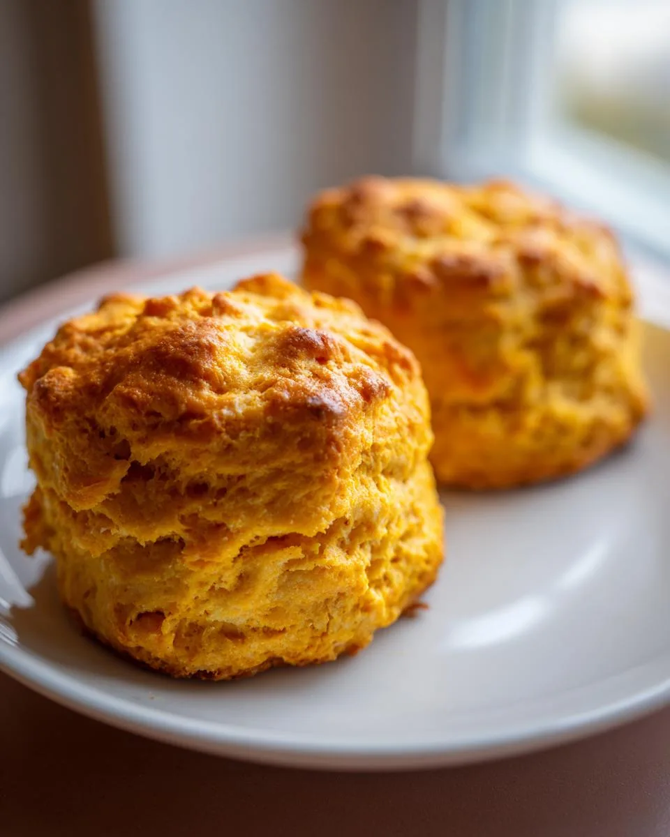 Two golden-brown sweet potato biscuits stacked on a white plate, showcasing their flaky layers.
