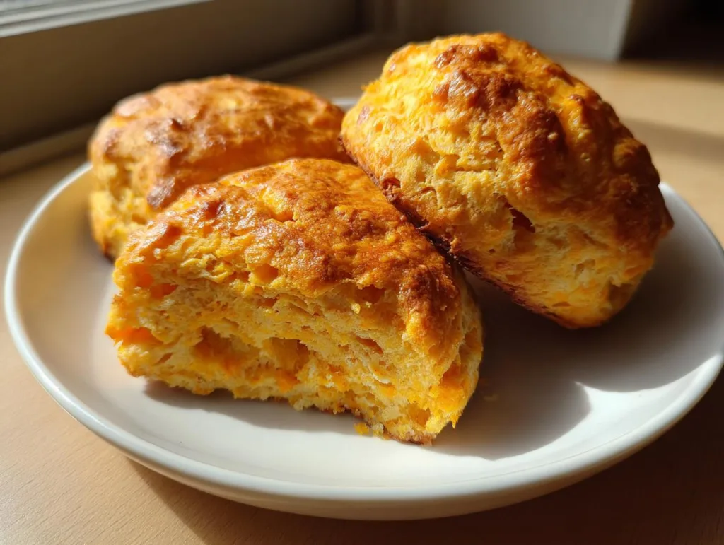 Close-up of three golden-brown sweet potato biscuits on a white plate, one is cut in half showing a fluffy interior.