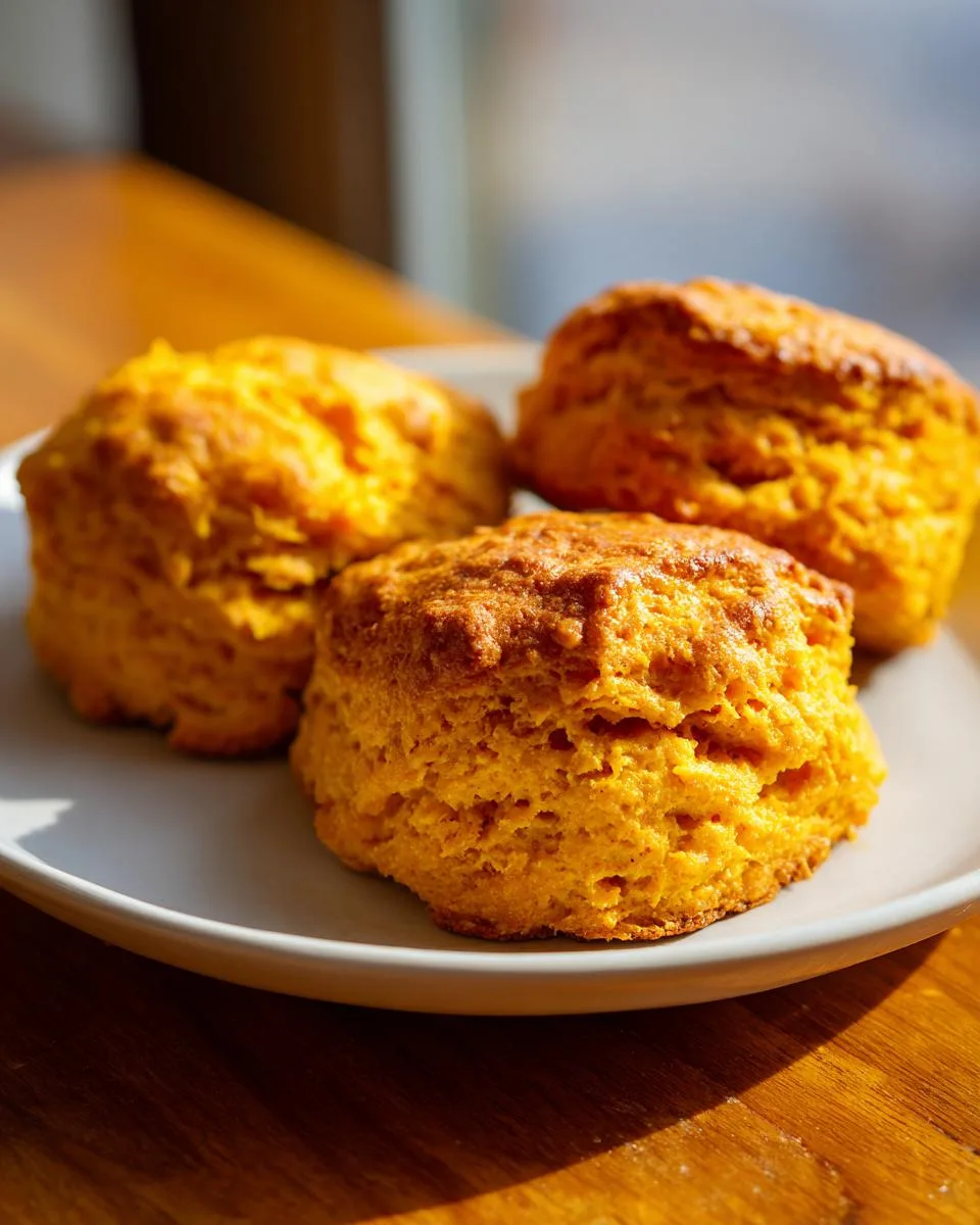 Three golden-brown sweet potato biscuits stacked on a white plate, showcasing their fluffy texture.