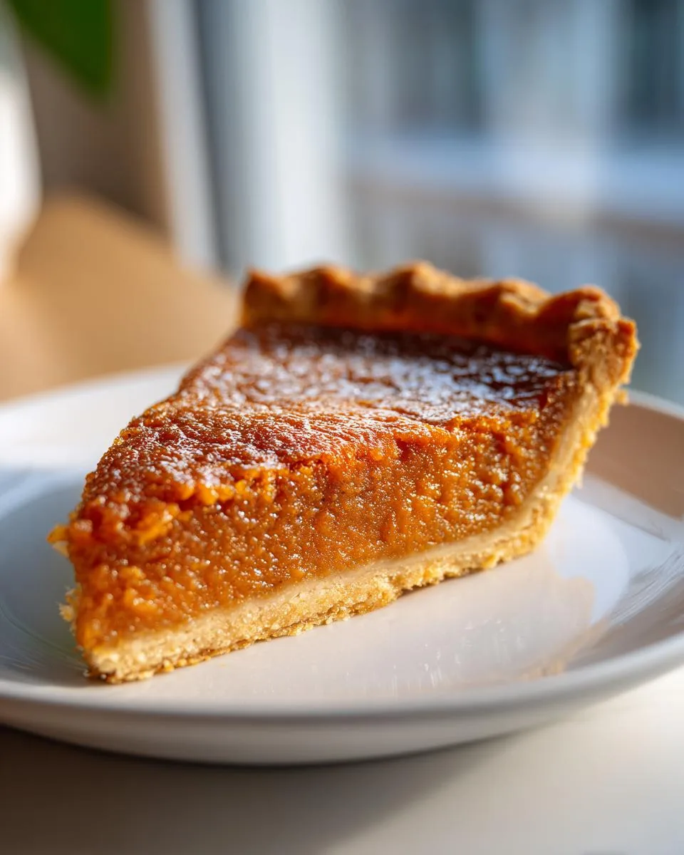 A close-up of a perfectly baked slice of sweet potato pie on a white plate, showcasing its rich orange filling and flaky crust.
