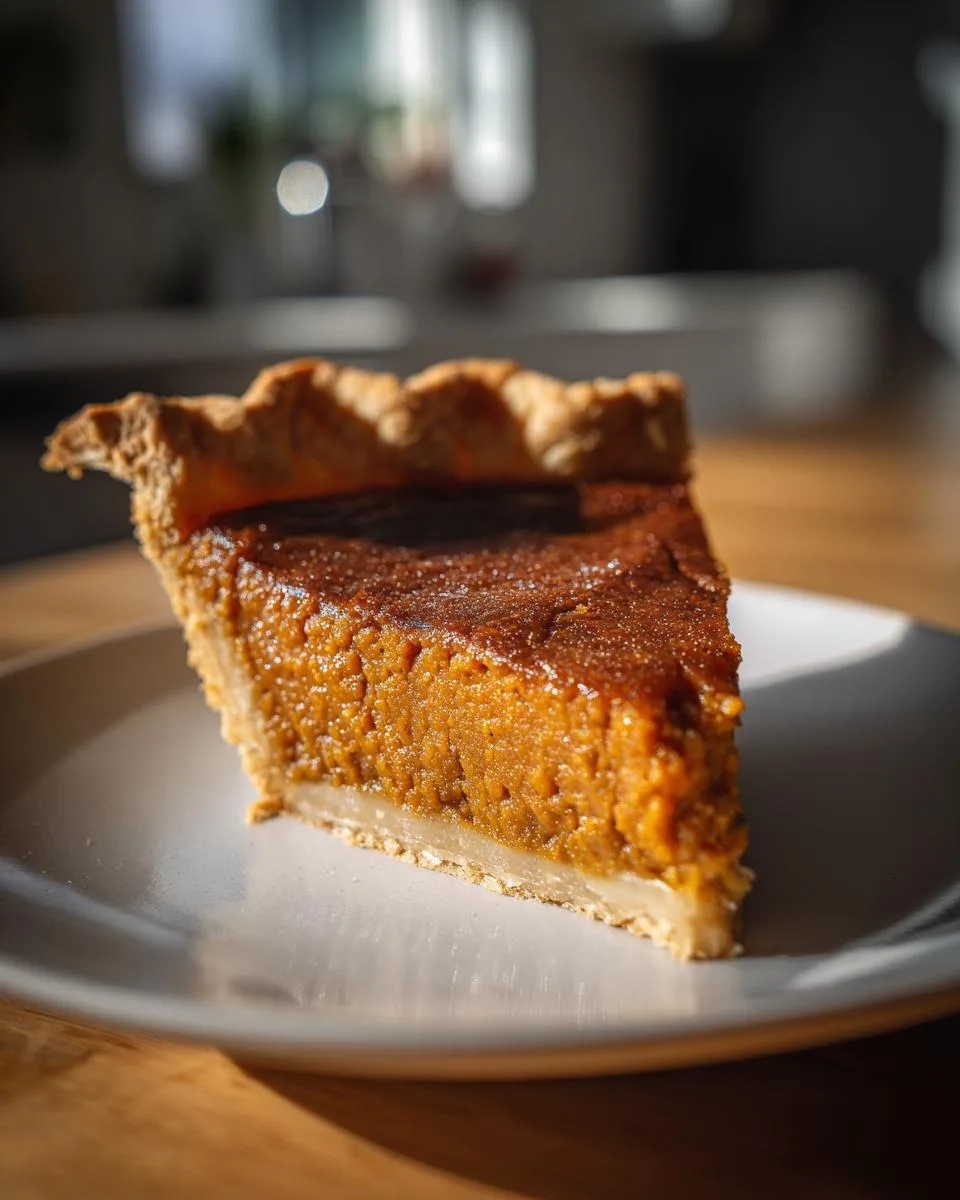 A perfect slice of homemade sweet potato pie with a flaky crust and smooth filling.