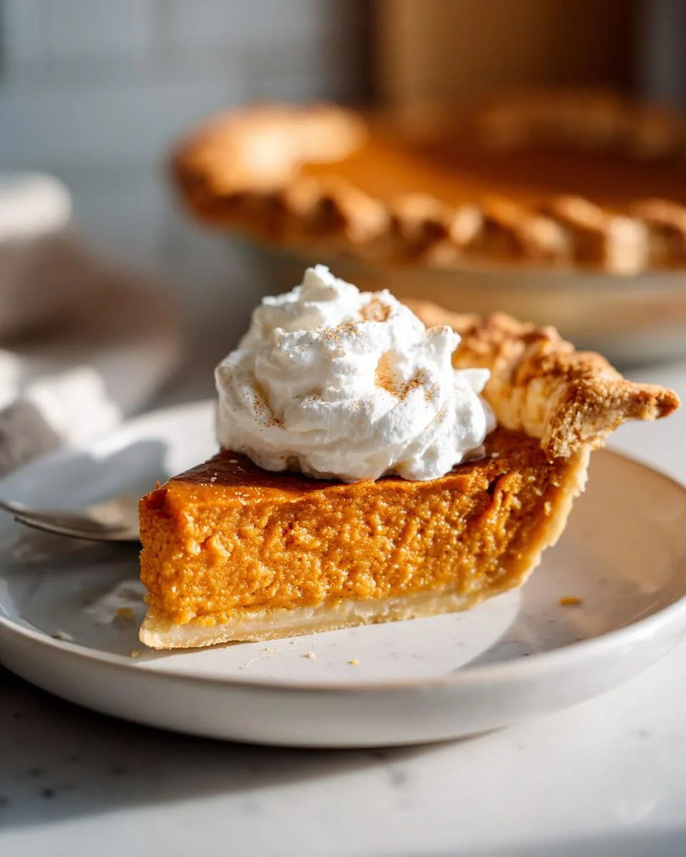 A close-up of a slice of sweet potato pie topped with whipped cream and a sprinkle of cinnamon.