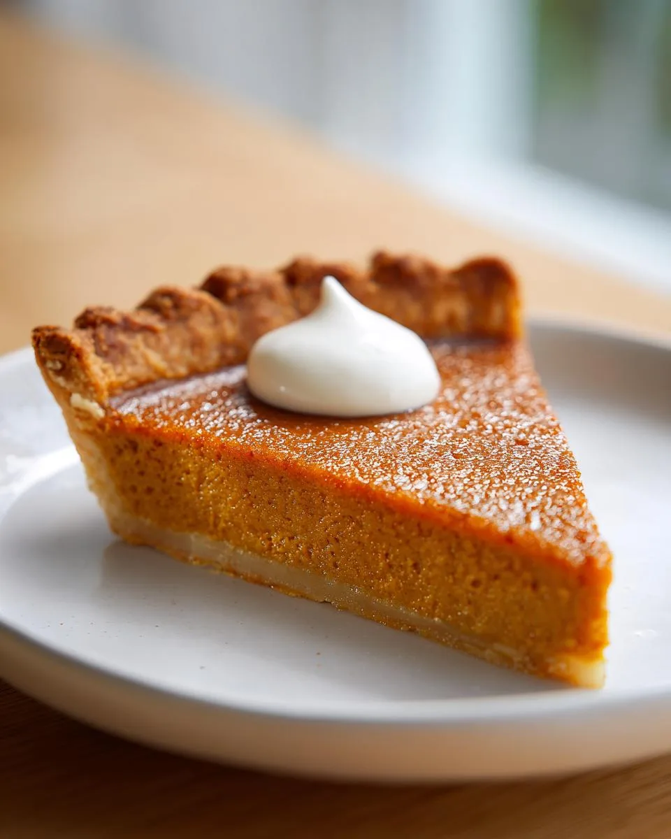 A close-up of a perfectly baked slice of sweet potato pie topped with a swirl of whipped cream.