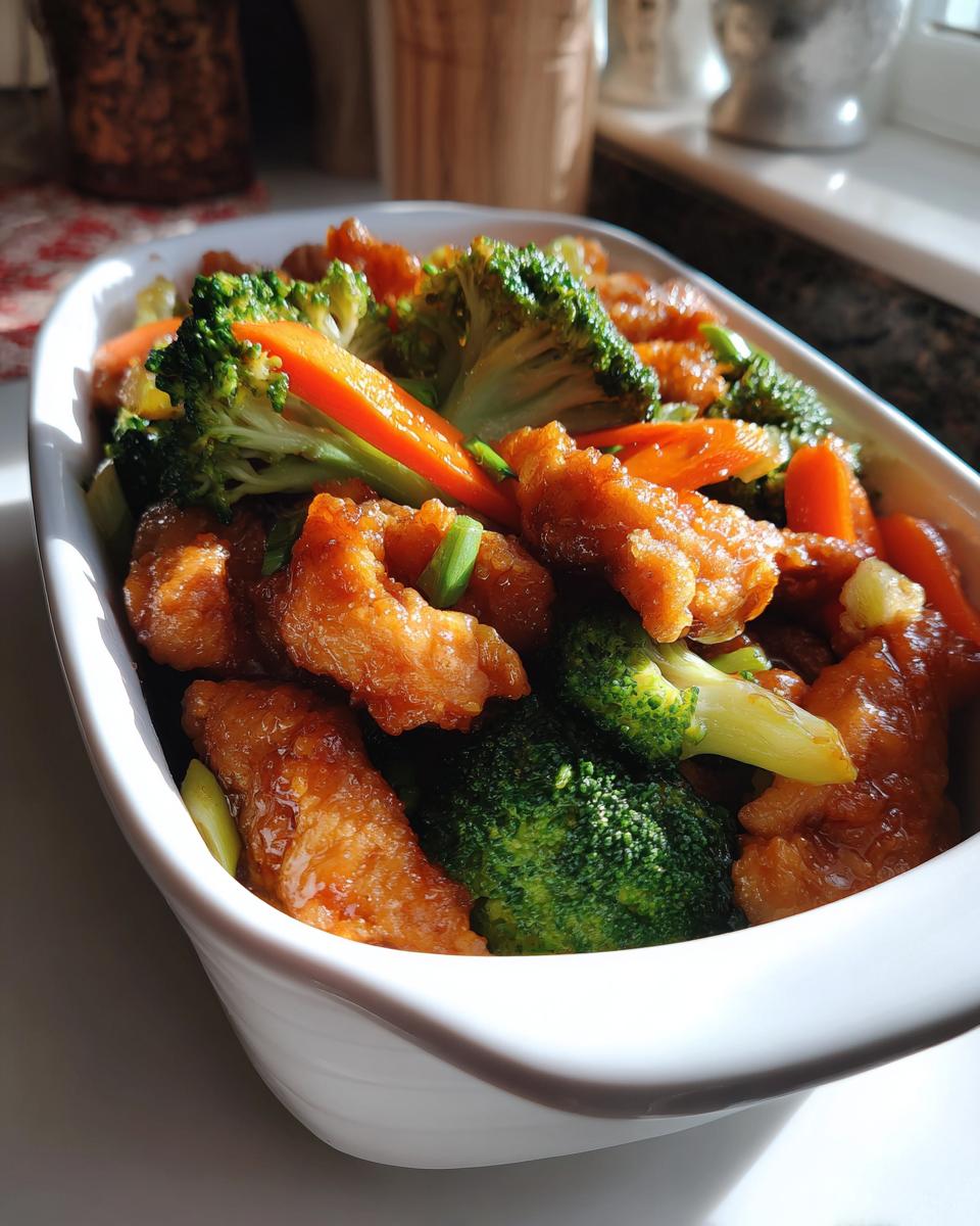 A white bowl filled with a delicious dinner recipe of sweet and sour chicken pieces, broccoli florets, and sliced carrots.