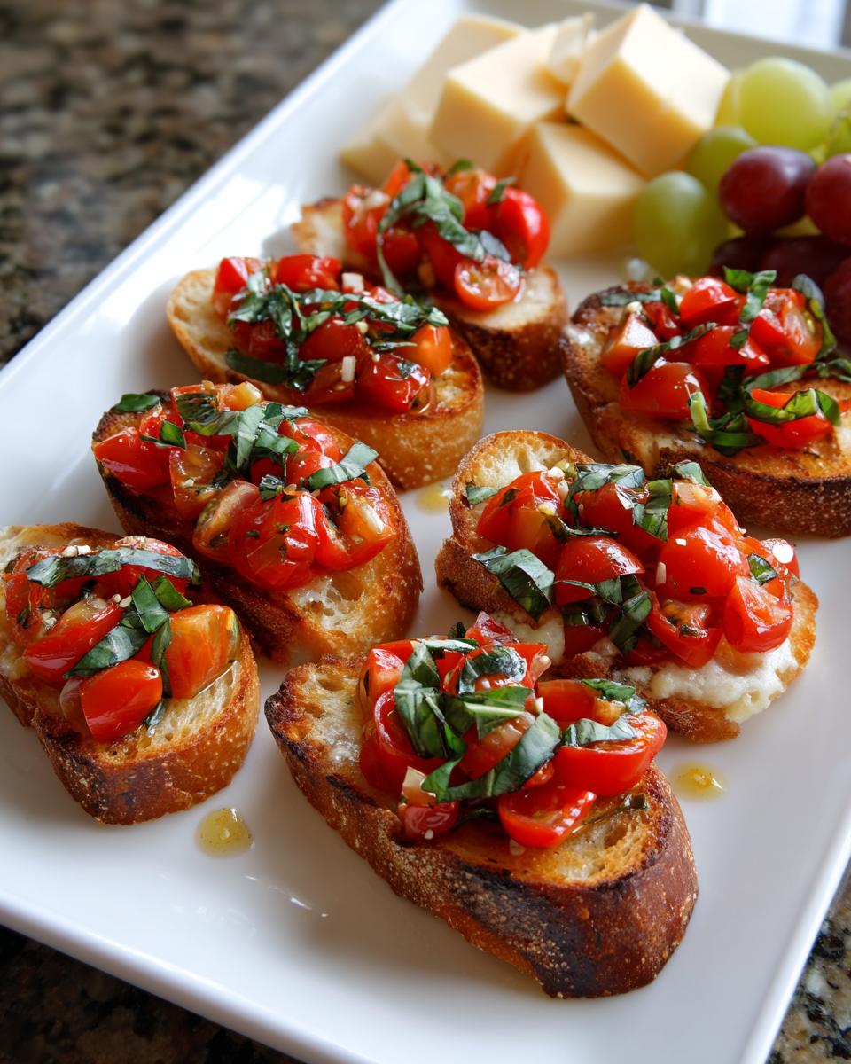 Close-up of fresh tomato bruschetta, a perfect New Years Eve appetizer, with basil and garlic on toasted bread.