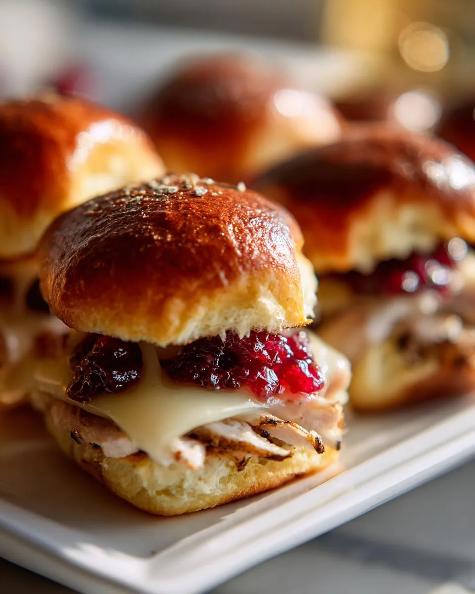 Close-up of a turkey cranberry slider with melted cheese and cranberry sauce on a soft bun.
