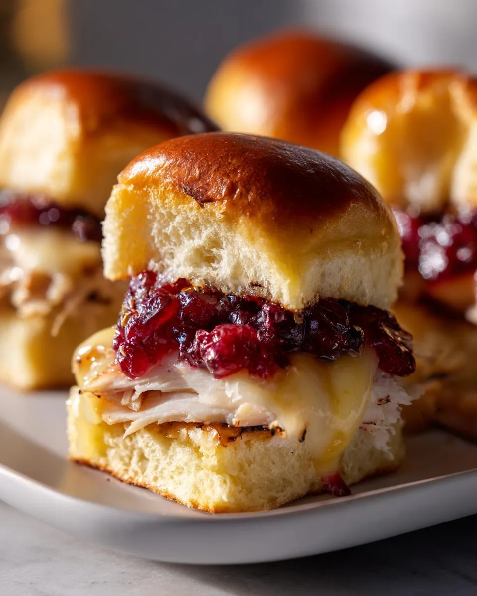 Close-up of a turkey cranberry slider with melted cheese and cranberry sauce on a soft bun.