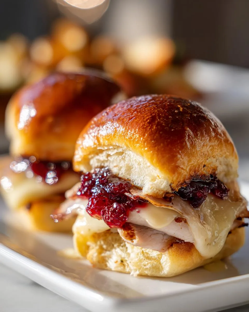 Close-up of two delicious turkey cranberry sliders on a white plate, showcasing turkey, melted cheese, and cranberry sauce.