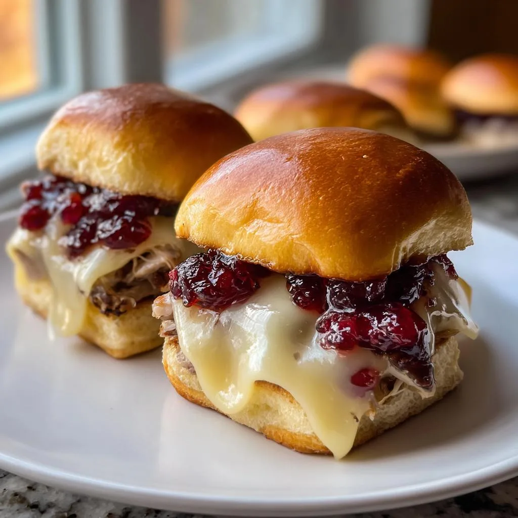 Close-up of two turkey cranberry sliders with melted cheese and cranberry sauce on a white plate.
