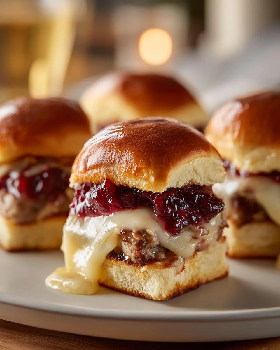 Close-up of a turkey cranberry slider with gooey melted cheese and cranberry sauce on a bun.