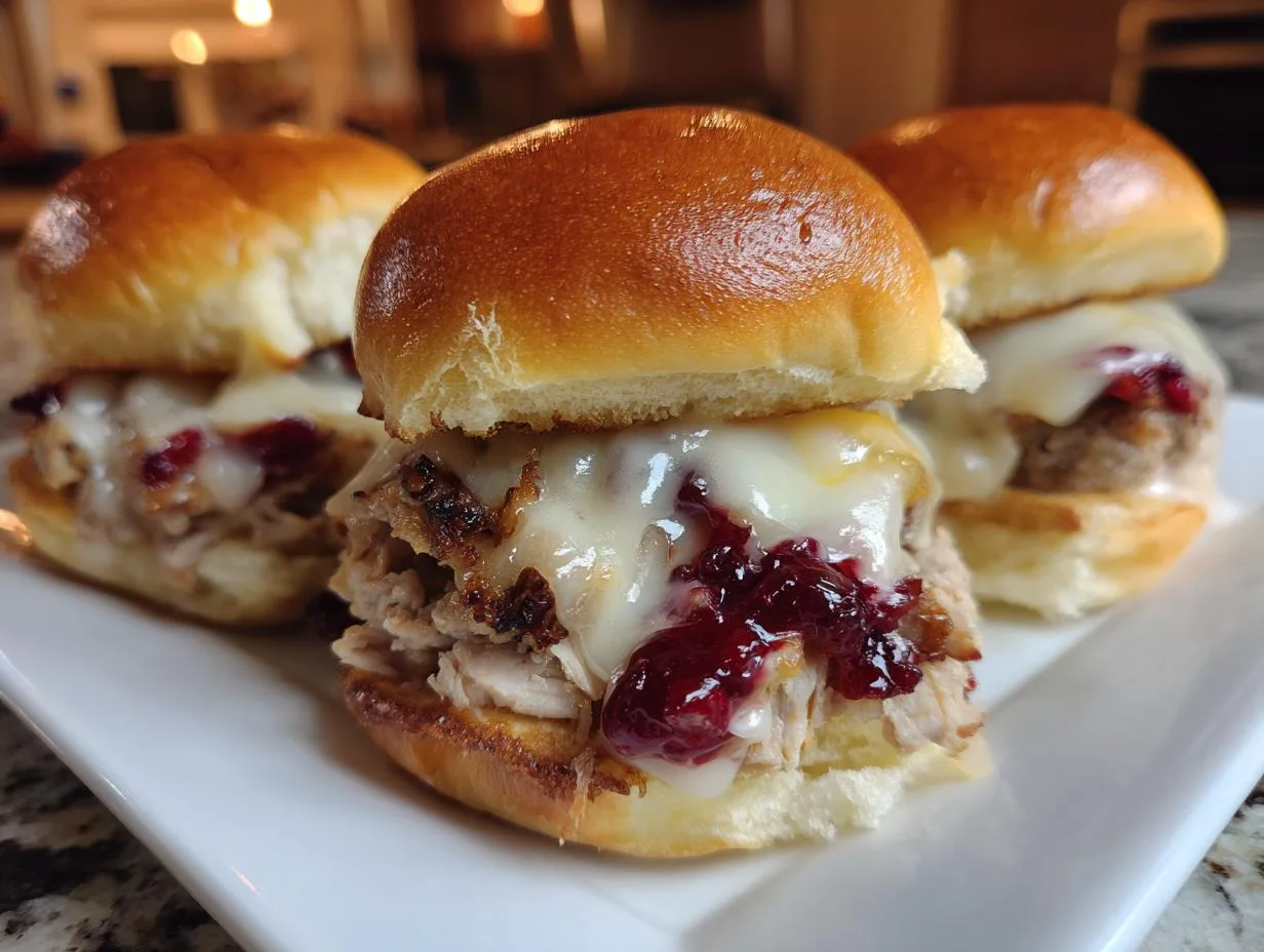 Close-up of three delicious turkey cranberry sliders with melted cheese on a white plate.