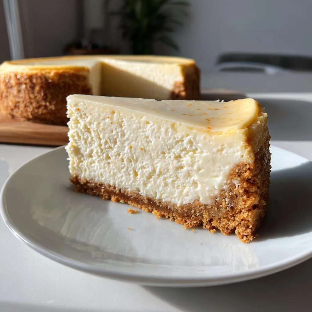 A perfect slice of creamy Vanilla Bean Cheesecake with a graham cracker crust on a white plate.