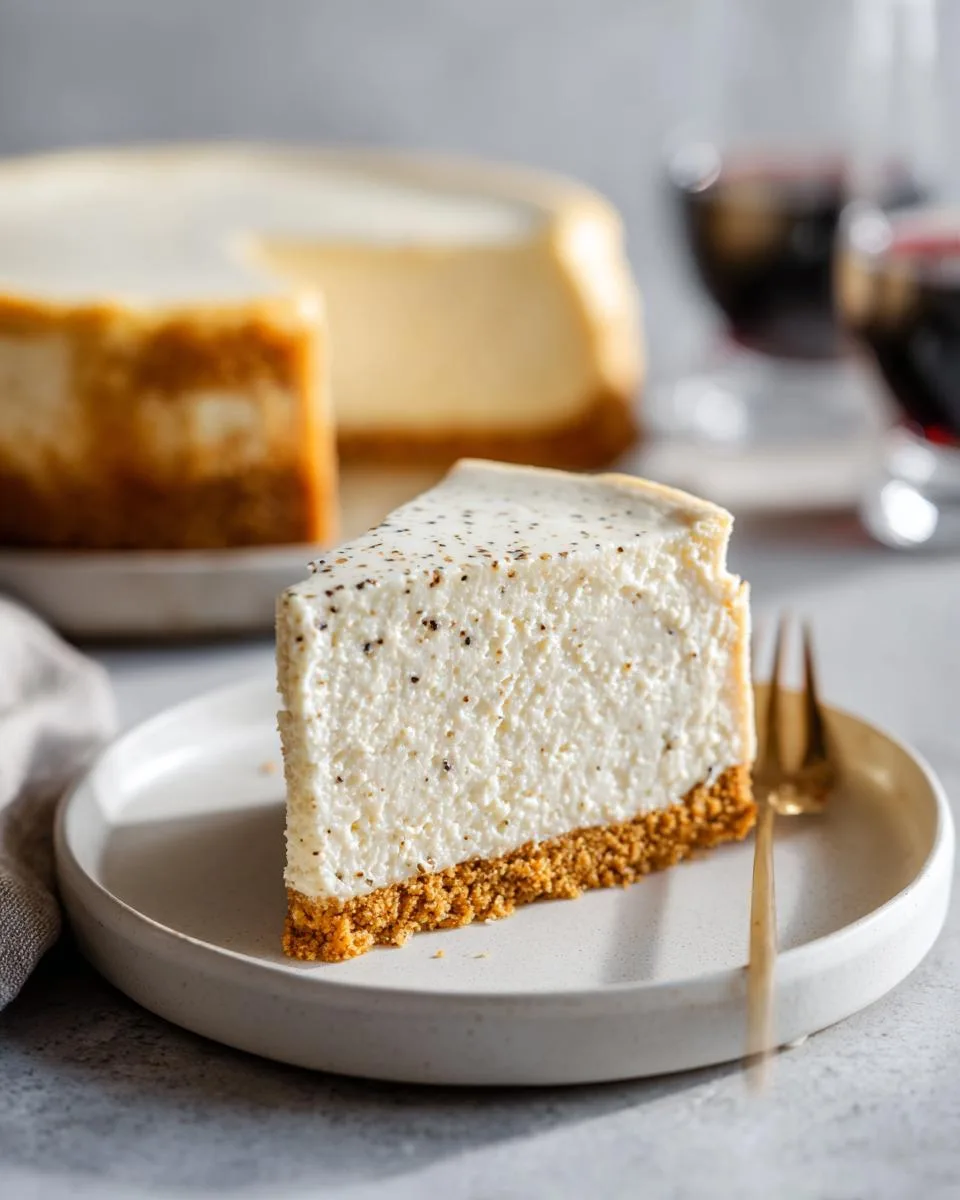 A perfect slice of creamy Vanilla Bean Cheesecake with a golden graham cracker crust on a white plate.